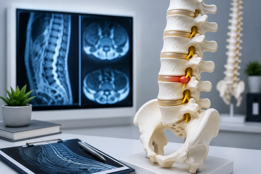 Modelo anatómico de columna vertebral utilizado para explicar problemas de columna, hernias de disco y tratamientos de neurocirugía.