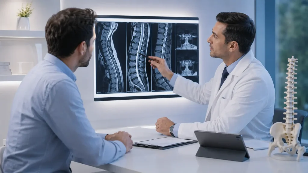Especialista revisando una resonancia de columna con un paciente durante una valoración médica.
